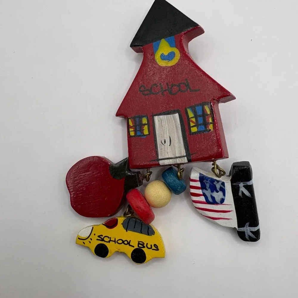 Vtg 90s Teacher Brooch Hand Painted Wooden Schoolhouse Apple Bus Folk Art Pin
